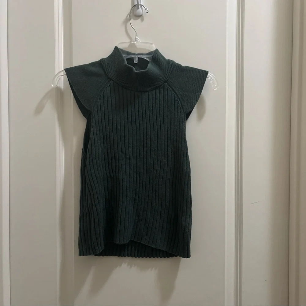Varley Fowler Fitted Knit Tank Top Ribbed Mock Neck Cut Out Green Women M Luxury